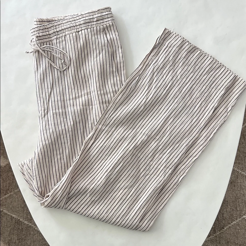 ZARA Drawstring Stripe Linen Cotton Wide Leg Pants Pockets Size L $79